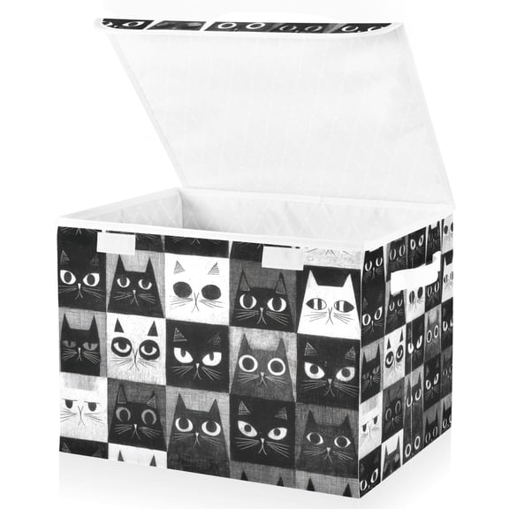Foldable Fabric Storage Bin With Handle Collapsible Basket Box Storage With Lid Organizer Black White Cat Squares