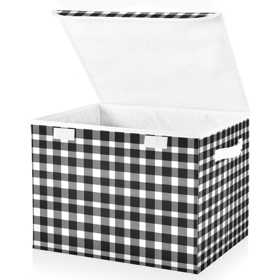 Foldable Fabric Storage Bin With Handle Collapsible Basket Box Storage With Lid Organizer Black White Gingham Pattern Vector