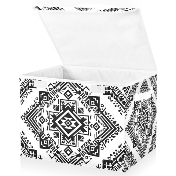 Foldable Fabric Storage Bin With Handle Collapsible Basket Box Storage With Lid Organizer Black&white Aztec Pattern