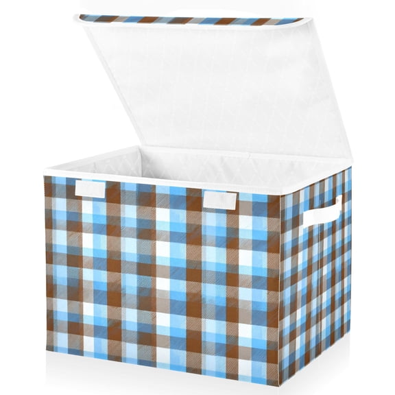 Foldable Fabric Storage Bin With Handle Collapsible Basket Box Storage With Lid Organizer Blue Brown