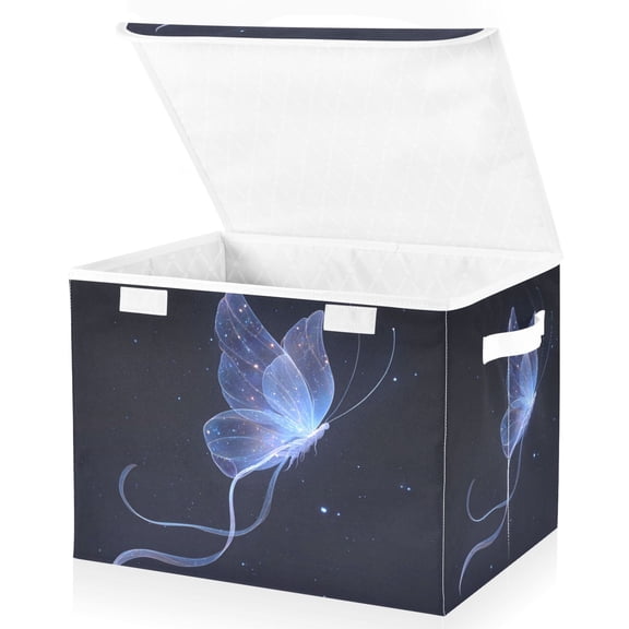 Foldable Fabric Storage Bin With Handle Collapsible Basket Box Storage With Lid Organizer Blue Glowing Butterfly