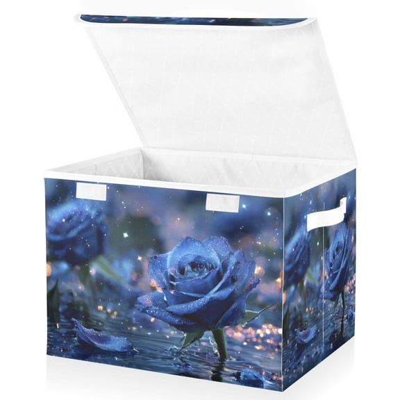 Foldable Fabric Storage Bin With Handle Collapsible Basket Box Storage With Lid Organizer Blue Roses