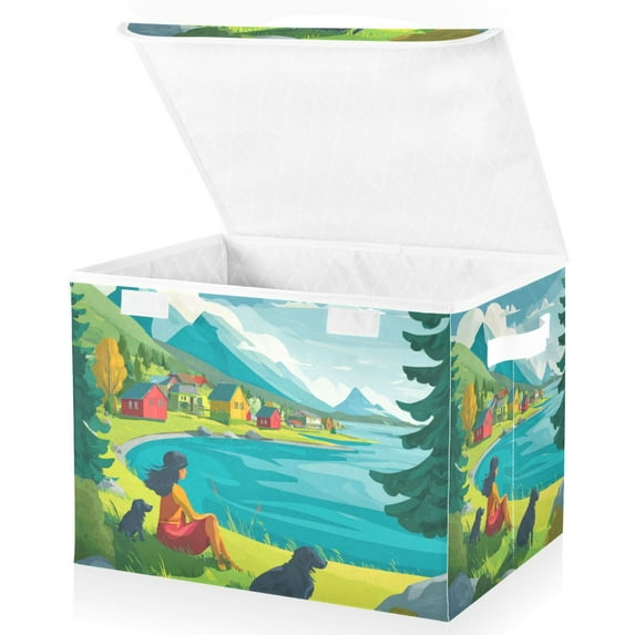 Foldable Fabric Storage Bin With Handle Collapsible Basket Box Storage With Lid Organizer Blue Water Green Trees