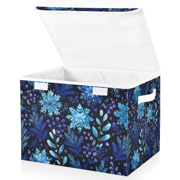 Foldable Fabric Storage Bin With Handle Collapsible Basket Box Storage With Lid Organizer Branches Blueberry
