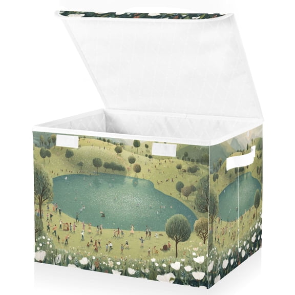 Foldable Fabric Storage Bin With Handle Collapsible Basket Box Storage With Lid Organizer Bustling with Life