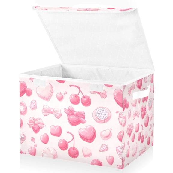 Foldable Fabric Storage Bin With Handle Collapsible Basket Box Storage With Lid Organizer Candy Conversation Hearts Cherries Bling Rings