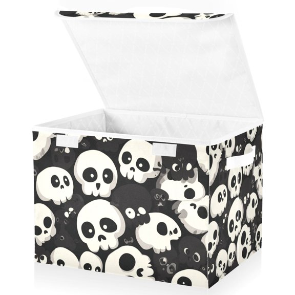 Foldable Fabric Storage Bin With Handle Collapsible Basket Box Storage With Lid Organizer Cartoon Skulls
