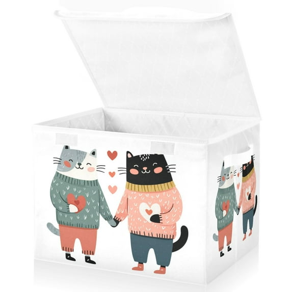 Foldable Fabric Storage Bin With Handle Collapsible Basket Box Storage With Lid Organizer Cat Couple Holding Hands