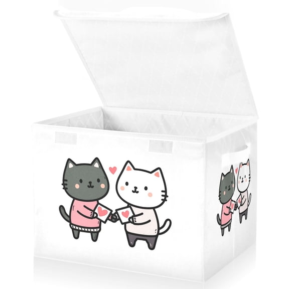 Foldable Fabric Storage Bin With Handle Collapsible Basket Box Storage With Lid Organizer Cat Couple
