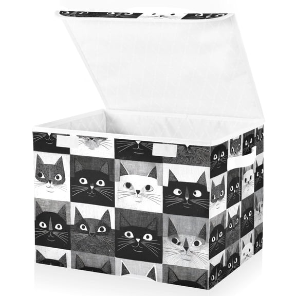 Foldable Fabric Storage Bin With Handle Collapsible Basket Box Storage With Lid Organizer Cat Faces on Squares