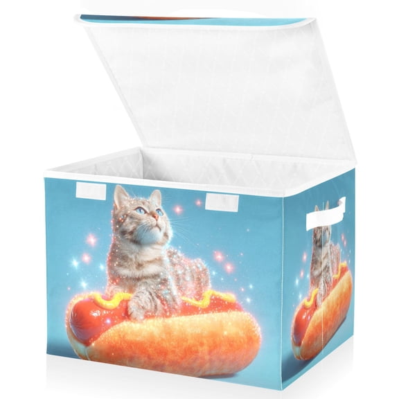 Foldable Fabric Storage Bin With Handle Collapsible Basket Box Storage With Lid Organizer Cat Sitting on Top Of Hot Dog