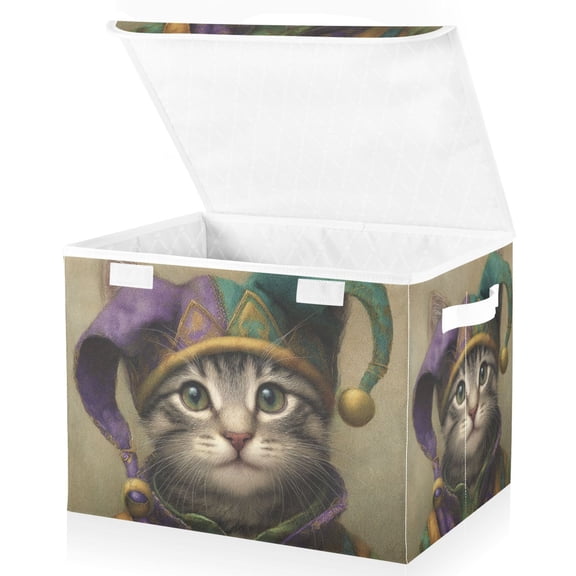 Foldable Fabric Storage Bin With Handle Collapsible Basket Box Storage With Lid Organizer Cat Wearing A Jester Hat