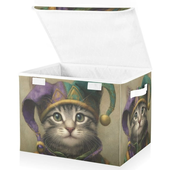 Foldable Fabric Storage Bin With Handle Collapsible Basket Box Storage With Lid Organizer Cat Wearing A Jester Hat