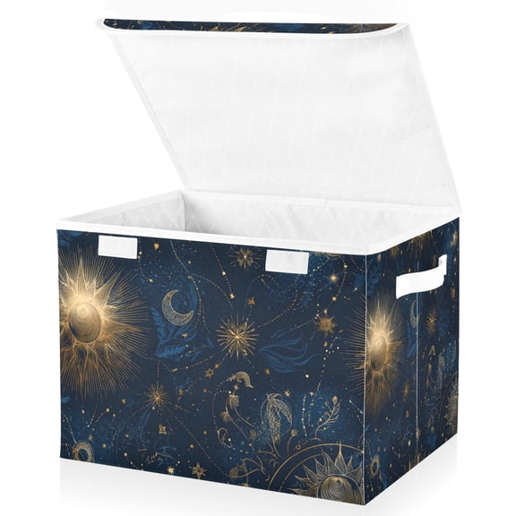 Foldable Fabric Storage Bin With Handle Collapsible Basket Box Storage With Lid Organizer Celestial Pattern