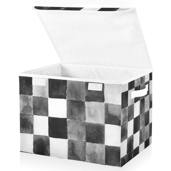 Foldable Fabric Storage Bin With Handle Collapsible Basket Box Storage With Lid Organizer Checkered Pattern