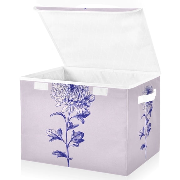 Foldable Fabric Storage Bin With Handle Collapsible Basket Box Storage With Lid Organizer Chrysanthemum