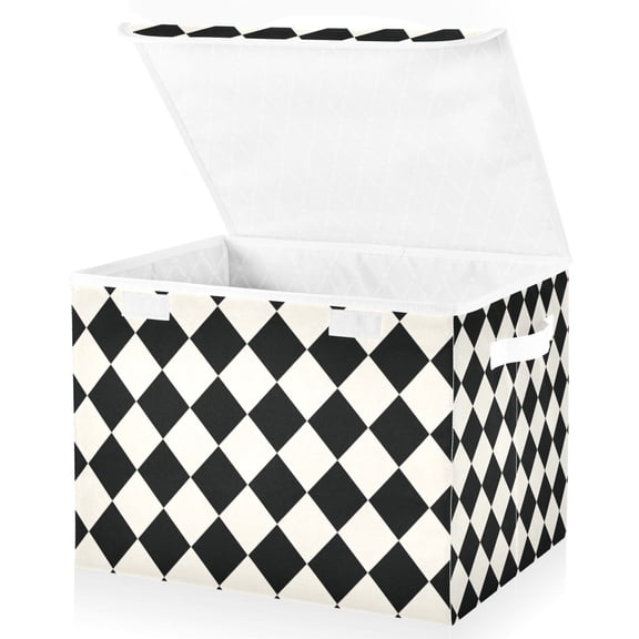 Foldable Fabric Storage Bin With Handle Collapsible Basket Box Storage With Lid Organizer Classic Black and White