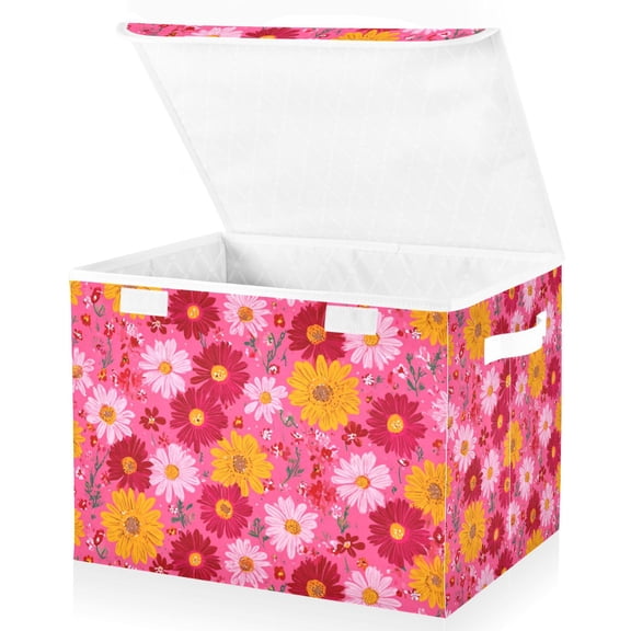Foldable Fabric Storage Bin With Handle Collapsible Basket Box Storage With Lid Organizer Colorful Daisies
