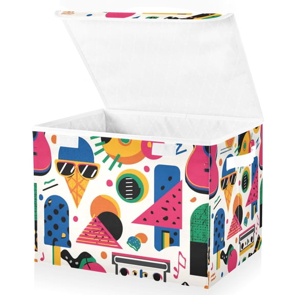 Foldable Fabric Storage Bin With Handle Collapsible Basket Box Storage With Lid Organizer Colorful Retro