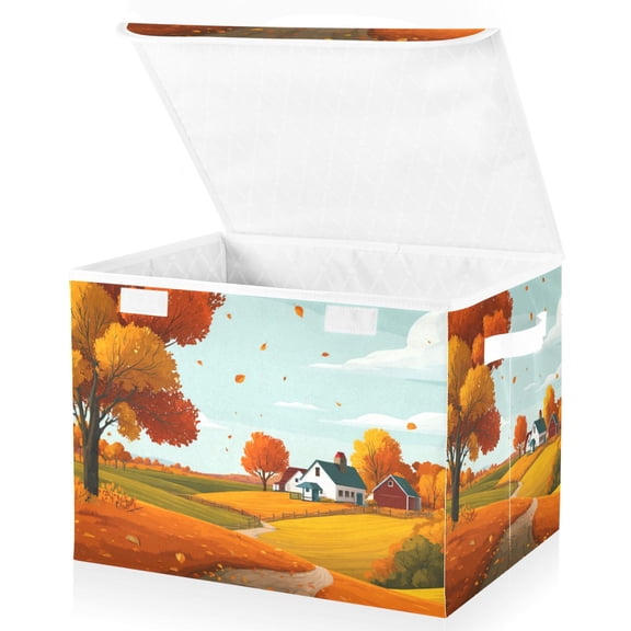 Foldable Fabric Storage Bin With Handle Collapsible Basket Box Storage With Lid Organizer Countryside Landscape