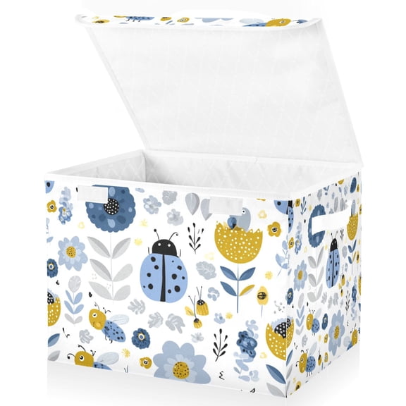 Foldable Fabric Storage Bin With Handle Collapsible Basket Box Storage With Lid Organizer Cute Flowers Ladybugs