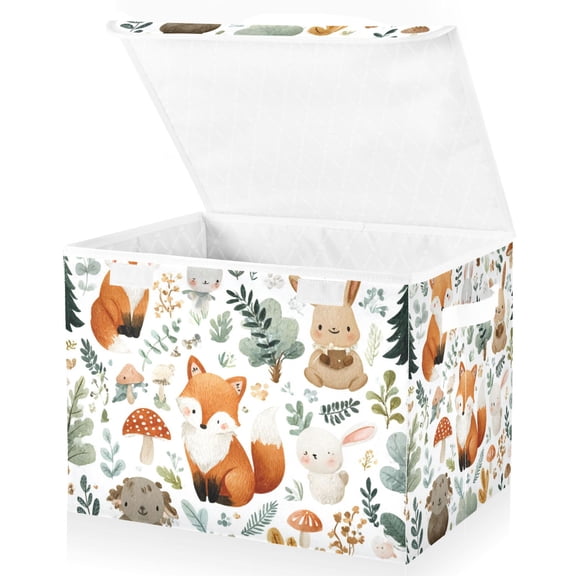 Foldable Fabric Storage Bin With Handle Collapsible Basket Box Storage With Lid Organizer Cute Woodland Animals