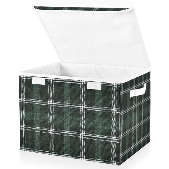 Foldable Fabric Storage Bin With Handle Collapsible Basket Box Storage With Lid Organizer Dark Green White Tartan Pattern