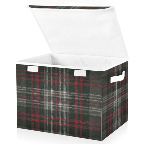 Foldable Fabric Storage Bin With Handle Collapsible Basket Box Storage With Lid Organizer Dark Green&red Tartan Pattern