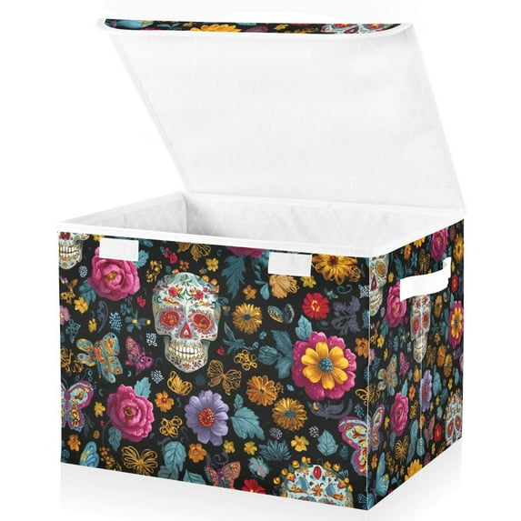 Foldable Fabric Storage Bin With Handle Collapsible Basket Box Storage With Lid Organizer Dead Sugar Butterflies Skulls