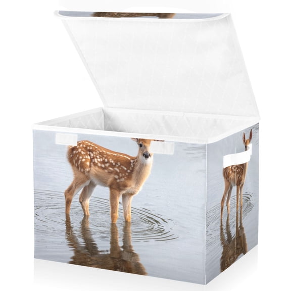 Foldable Fabric Storage Bin With Handle Collapsible Basket Box Storage With Lid Organizer Deer Stands in The Lake