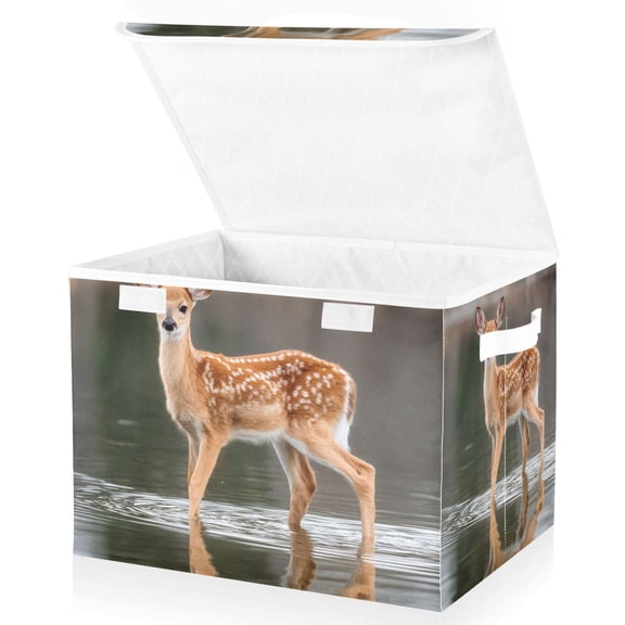 Foldable Fabric Storage Bin With Handle Collapsible Basket Box Storage With Lid Organizer Deer Stands in The River