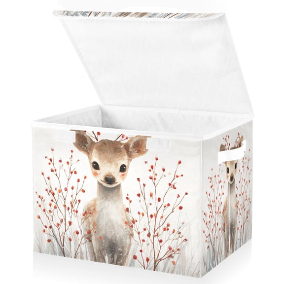 Foldable Fabric Storage Bin With Handle Collapsible Basket Box Storage With Lid Organizer Deer in The Snow