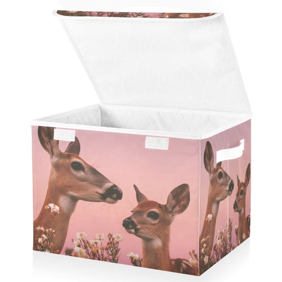 Foldable Fabric Storage Bin With Handle Collapsible Basket Box Storage With Lid Organizer Deers