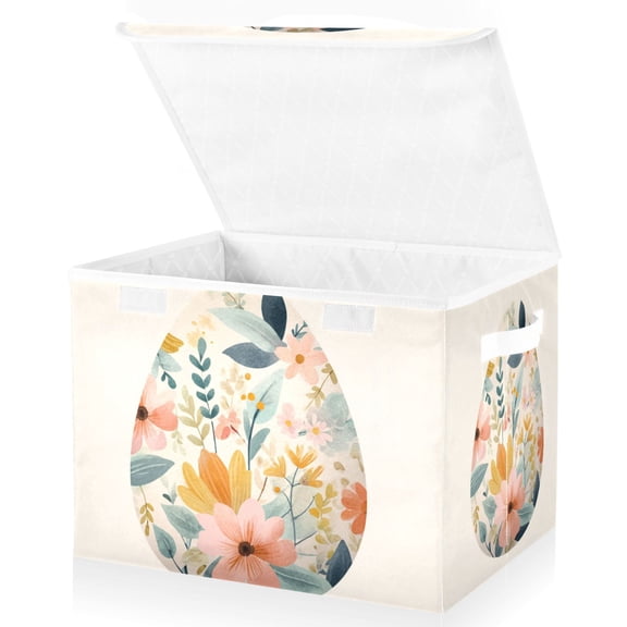 Foldable Fabric Storage Bin With Handle Collapsible Basket Box Storage With Lid Organizer Easter Egg with Floral Pattern