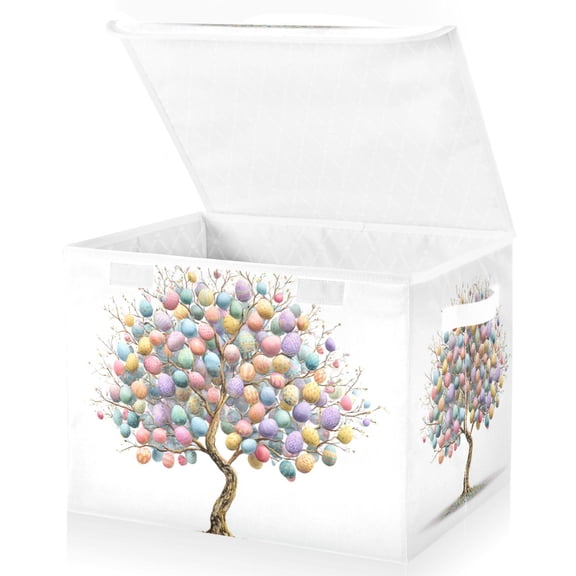 Foldable Fabric Storage Bin With Handle Collapsible Basket Box Storage With Lid Organizer Easter Eggs Blooming on The Tree