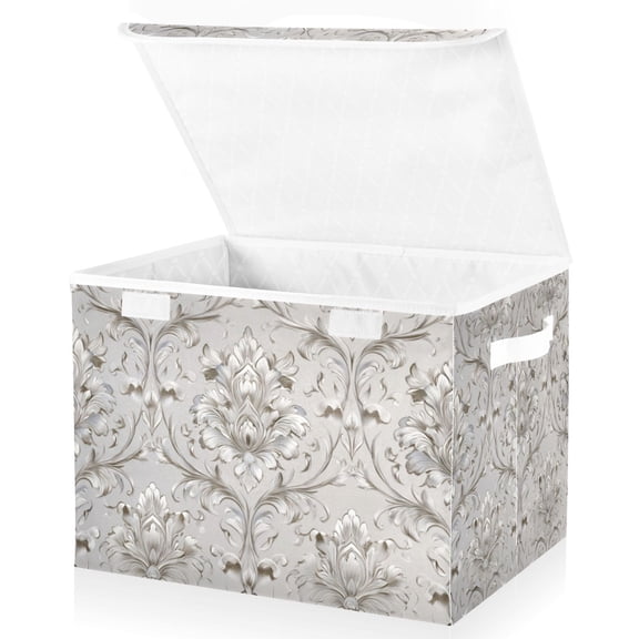 Foldable Fabric Storage Bin With Handle Collapsible Basket Box Storage With Lid Organizer Elegant Damask Pattern
