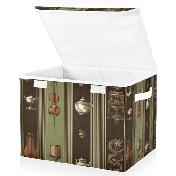 Foldable Fabric Storage Bin With Handle Collapsible Basket Box Storage With Lid Organizer Featuring An Ornate Border Design