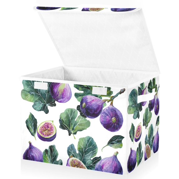 Foldable Fabric Storage Bin With Handle Collapsible Basket Box Storage With Lid Organizer Figs with Leaves