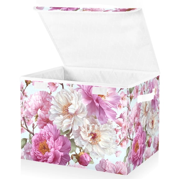 Foldable Fabric Storage Bin With Handle Collapsible Basket Box Storage With Lid Organizer Florals