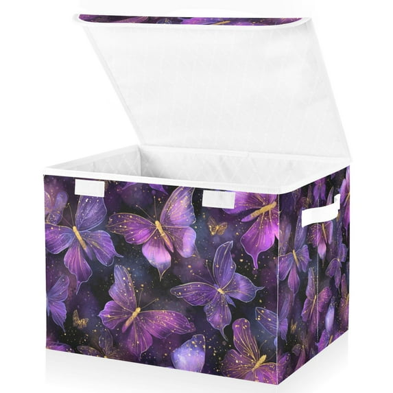 Foldable Fabric Storage Bin With Handle Collapsible Basket Box Storage With Lid Organizer Glowing Butterflies