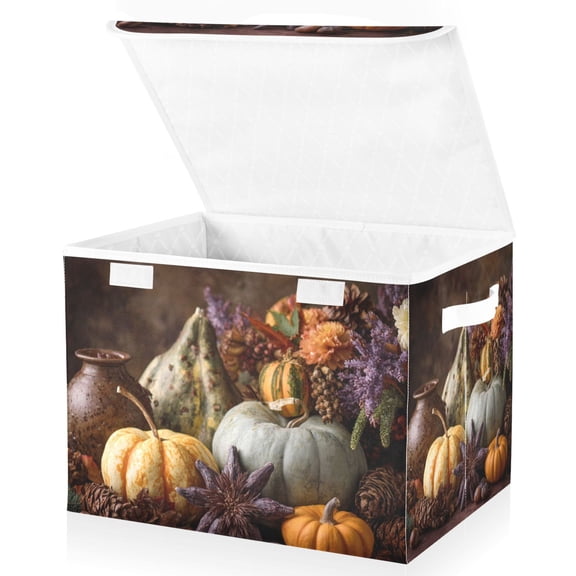 Foldable Fabric Storage Bin With Handle Collapsible Basket Box Storage With Lid Organizer Gourds Pine Cones
