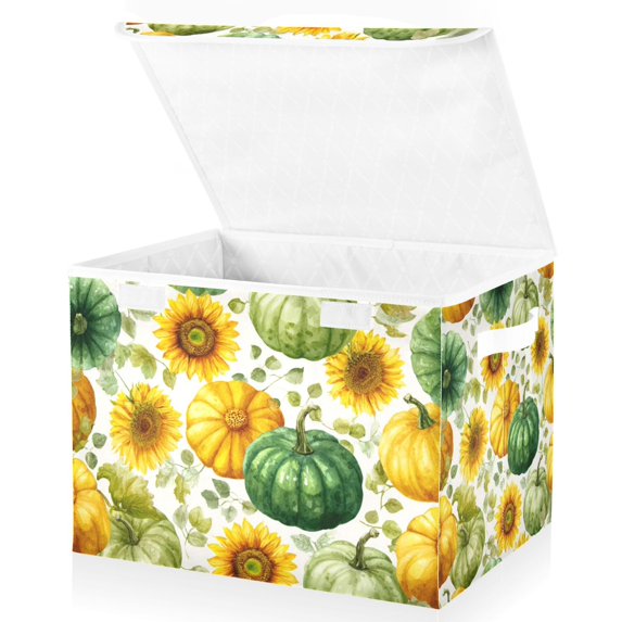 Foldable Fabric Storage Bin With Handle Collapsible Basket Box Storage With Lid Organizer Green Gourds&yellow Pumpkins