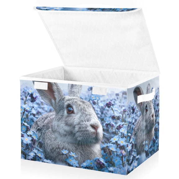 Foldable Fabric Storage Bin With Handle Collapsible Basket Box Storage With Lid Organizer Grey Bunny