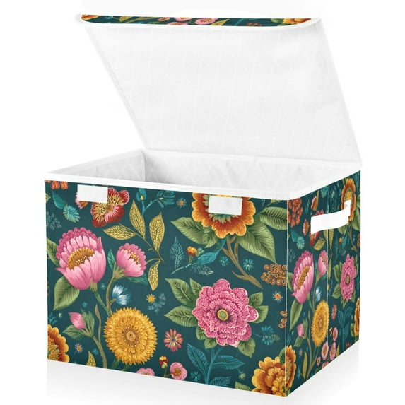 Foldable Fabric Storage Bin With Handle Collapsible Basket Box Storage With Lid Organizer Hand-drawn Florals