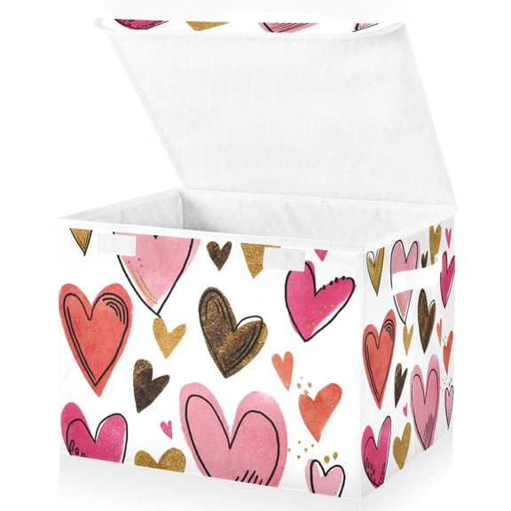 Foldable Fabric Storage Bin With Handle Collapsible Basket Box Storage With Lid Organizer Hearts with Gold Glitter Accents