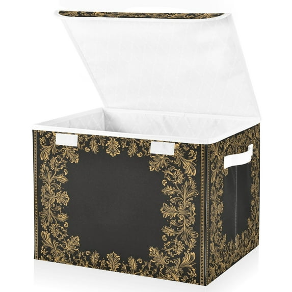 Foldable Fabric Storage Bin With Handle Collapsible Basket Box Storage With Lid Organizer Intricate Baroque-style Designs