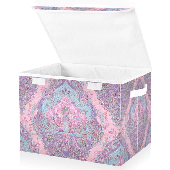 Foldable Fabric Storage Bin With Handle Collapsible Basket Box Storage With Lid Organizer Intricate Design