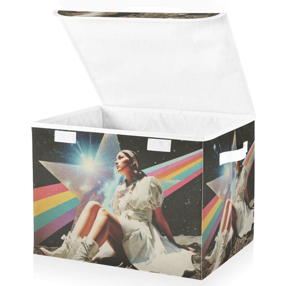 Foldable Fabric Storage Bin With Handle Collapsible Basket Box Storage With Lid Organizer Iridescent Star with Rainbow Stripes