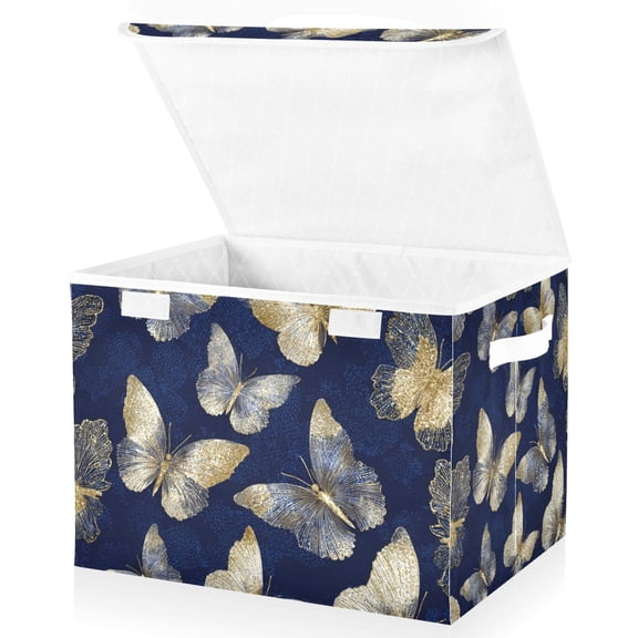Foldable Fabric Storage Bin With Handle Collapsible Basket Box Storage With Lid Organizer Ivory Gold Butterflies