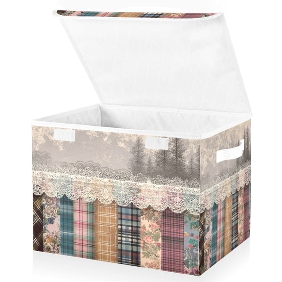 Foldable Fabric Storage Bin With Handle Collapsible Basket Box Storage With Lid Organizer Lace Trim